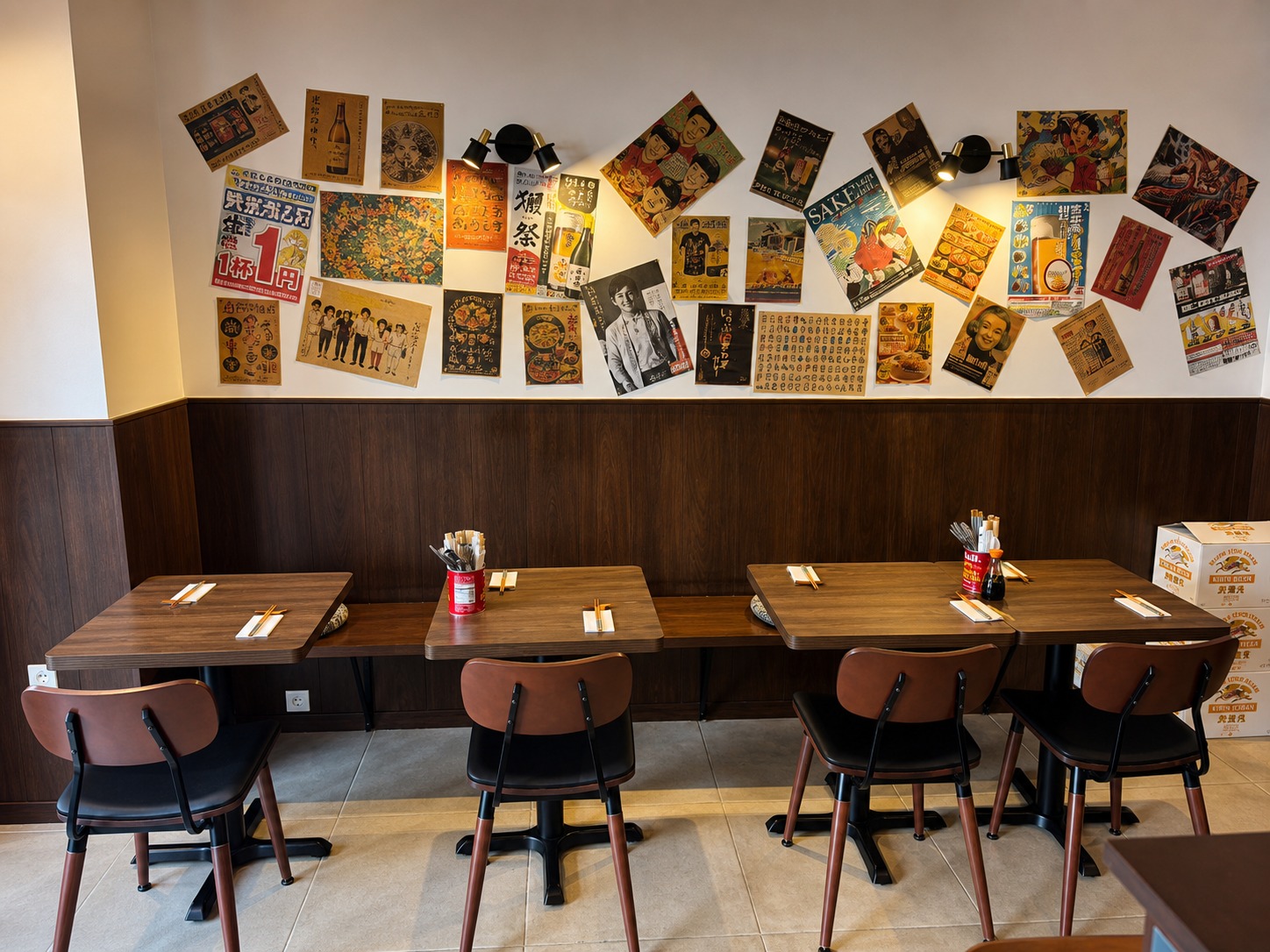 Salle avec affiches japonaises vintage et tables en bois